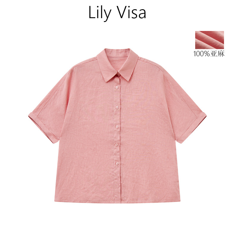 LilyVisa翻领短袖女士亚麻休闲短袖衬衫上衣休闲夏装潮流
