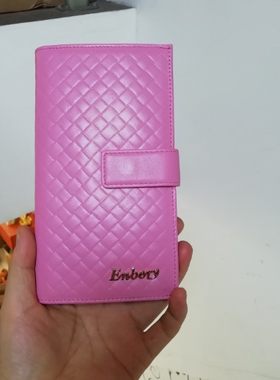 免邮女式长款真皮钱夹 带按扣安全头层牛皮新款皮夹 女用细纹钱包