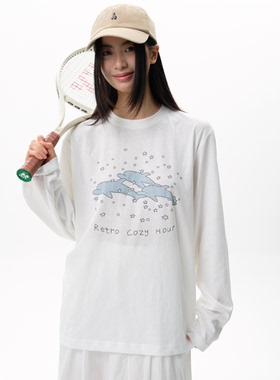 roaringwild a arch 咆哮野兽白色海豚印花百搭打底雪花棉长袖T恤