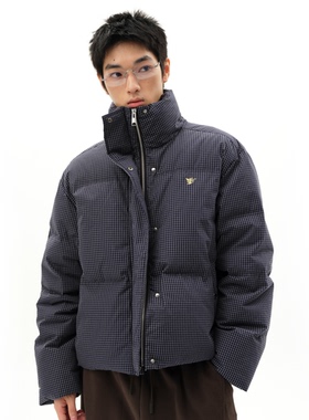 roaringwild a arch 咆哮野兽 藏蓝色立领格子外套宽松面包羽绒服