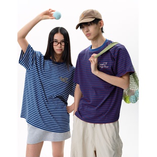 撞色条纹圆领短袖 arch咆哮野兽 宽松刺绣通勤t恤男 roaringwild