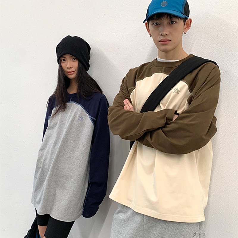 【chammy推荐】咆哮野兽 圆领纯棉撞色拼接打底上衣长袖T恤