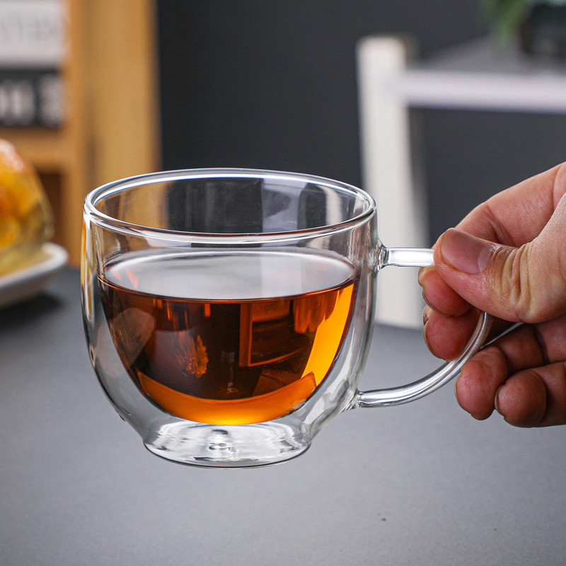 简约复古双层玻璃把手茶杯不惧冷热商务会谈牛奶咖啡饮料保温水杯
