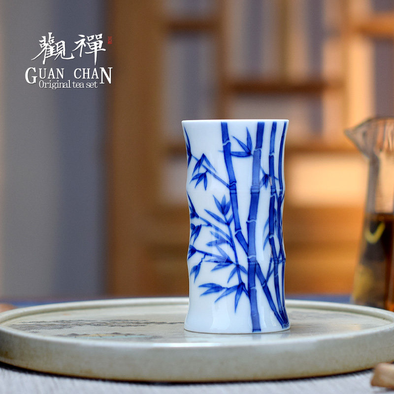 景德镇青花瓷手绘品茗杯陶瓷闻香杯竹子茶杯中式主人杯功夫茶具
