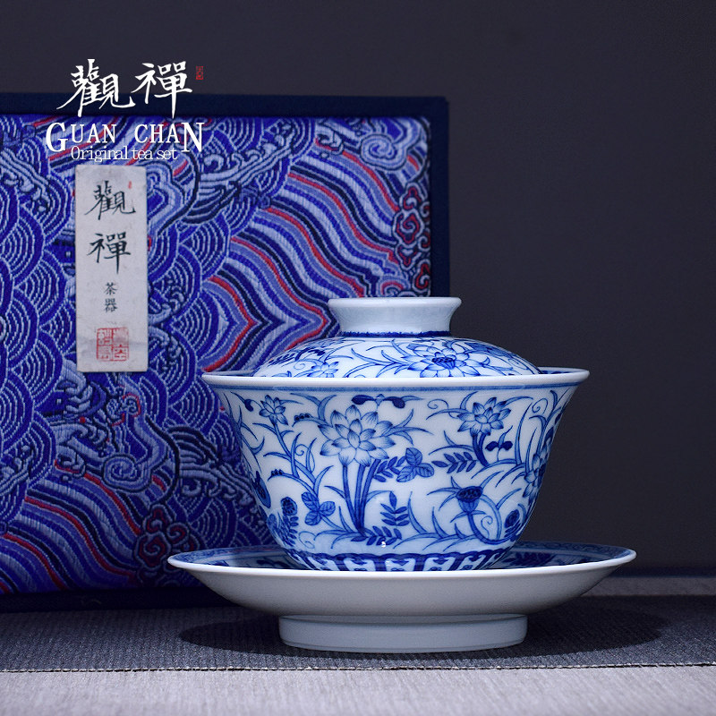 观禅青花瓷盖碗手绘细腻精品盖碗