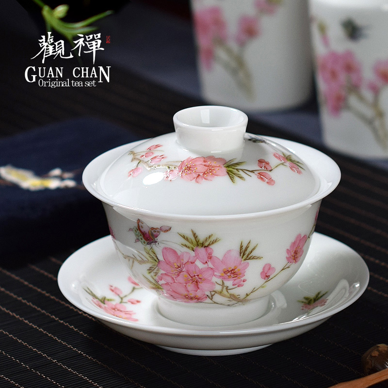 观禅粉彩桃花单个泡茶器大号盖碗