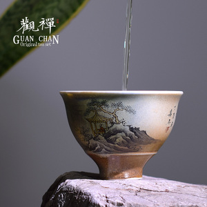 景德镇柴烧品茗杯手绘主人杯盏单杯手工复古山水人物功夫茶杯茶具