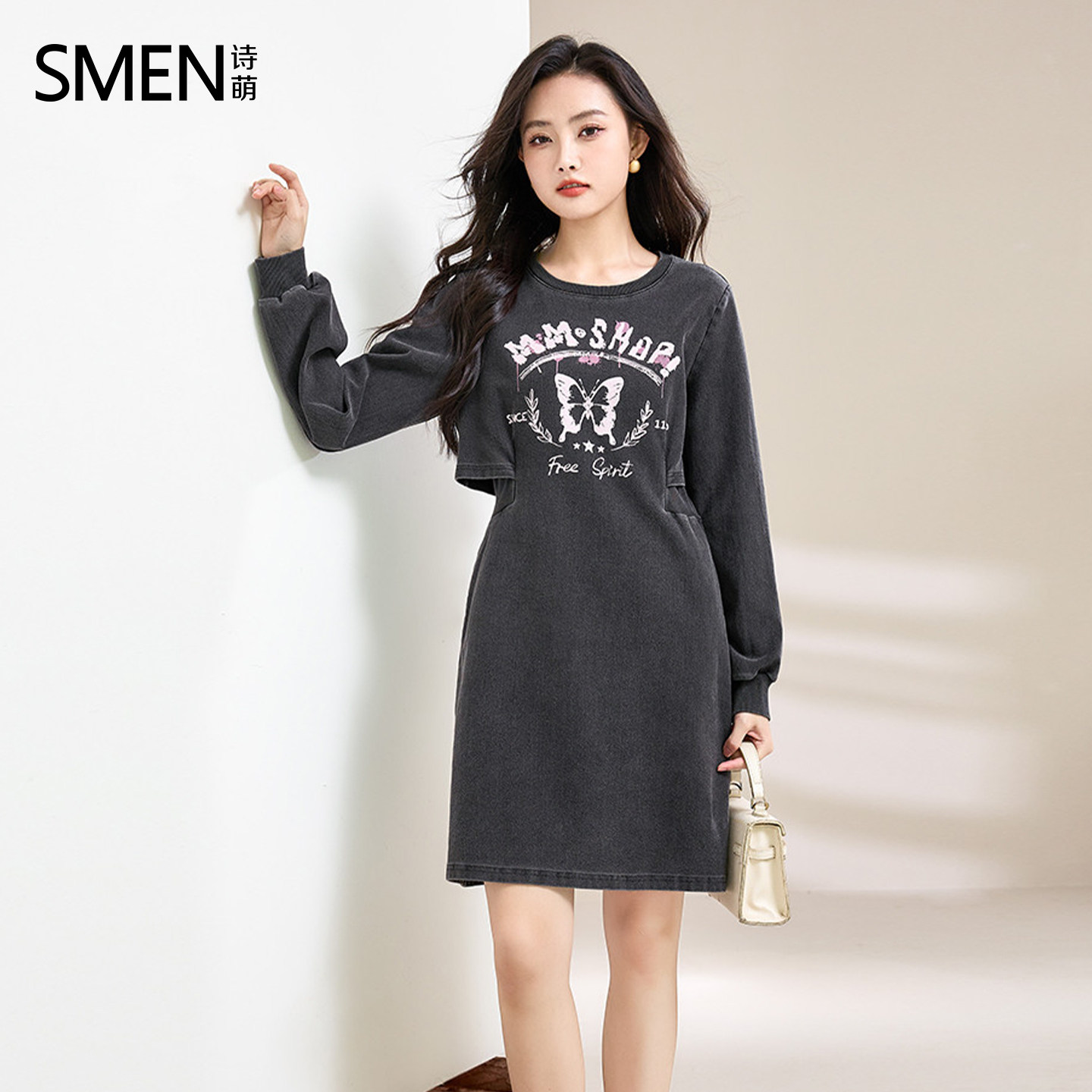 【商场同款】Smen诗萌2026春季时尚辣妹灰色印花收腰韩版连衣裙