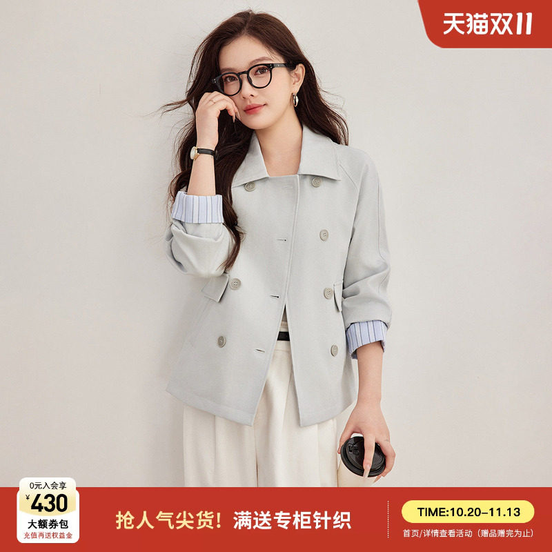SMEN诗萌双排扣短款风衣女2026春季简约百搭撞色袖口翻领外套女