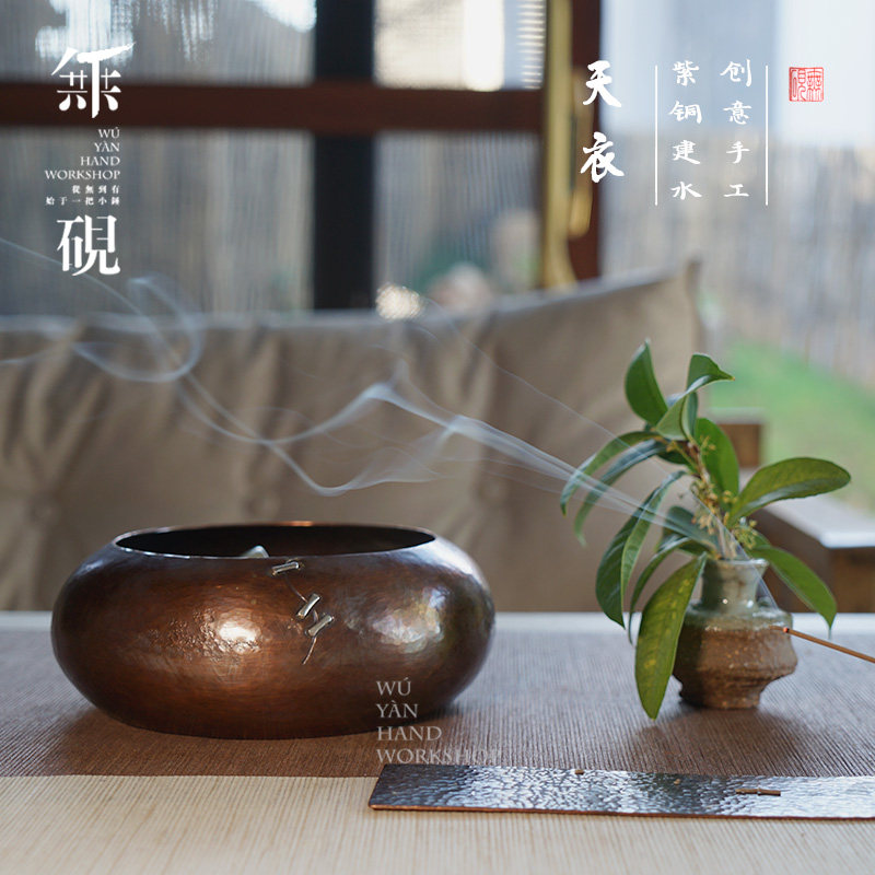 无砚 纯手工紫铜茶洗水盂钵盂纯铜建水铜钵锔银补丁功夫茶具 天衣