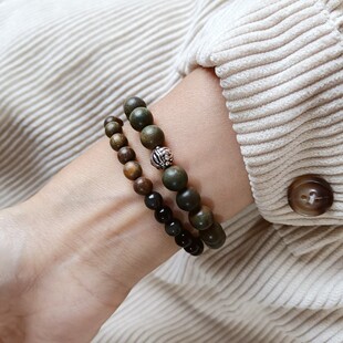 原创设计绿檀木黑曜石银貔貅六字真言单圈情侣男女文艺手串链 诺