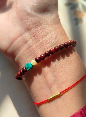 天然迷你小叶紫檀女手串松石撞色