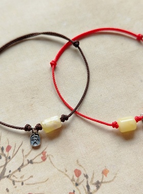 原创天然白花蜜蜡转运珠红手绳