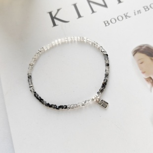 水墨 原创天然黑发晶方糖小珠串925银福牌百搭冷淡风酷弹力手串链