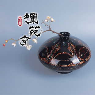 辉苑亨平遥推光漆器天然大漆脱胎黑金鲍贝磨漆画瓶摆件艺术收藏品