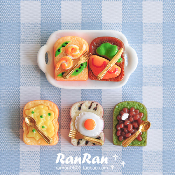 RanRan手工 趣味煎蛋虾仁红豆面包吐司925银针耳钉耳夹可调节戒指