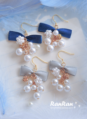 RanRan手工 日系编织珍珠蝴蝶结925银耳钩耳夹温柔气质甜美百搭