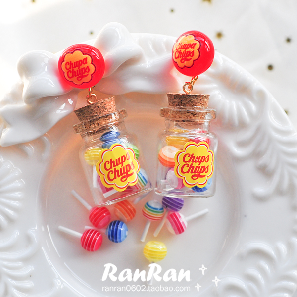 RanRan手工 趣味可爱真宝珠棒棒糖糖果玻璃罐925银针耳钉耳夹