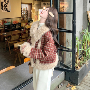红色复古格纹小香风羊羔毛外套女2025冬季小个子减龄加厚棉衣棉服