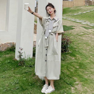 法式青灰色polo领连衣裙女2026夏季衬衫裙子韩版宽松显瘦休闲长裙