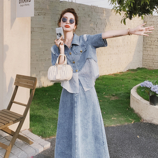 蕾丝拼接衬衫 半身裙两件套 裙女夏2026新款 韩系穿搭一整套牛仔套装