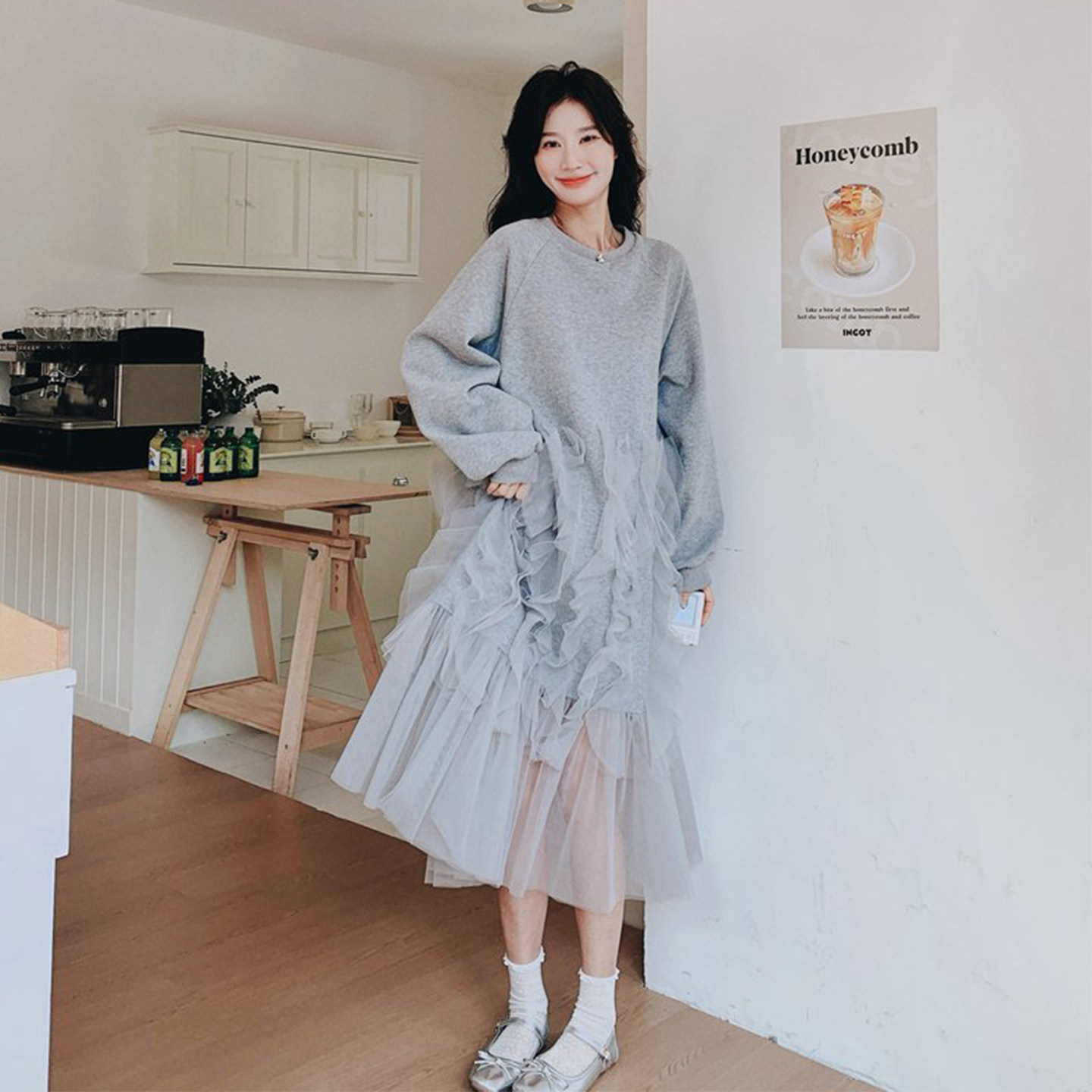 灰色网纱拼接连衣裙女2026春季新款韩系学院风少女宽松减龄卫衣裙,女装/女士精品,连衣裙,淘宝优惠券,粉丝福利购,淘宝优惠卷