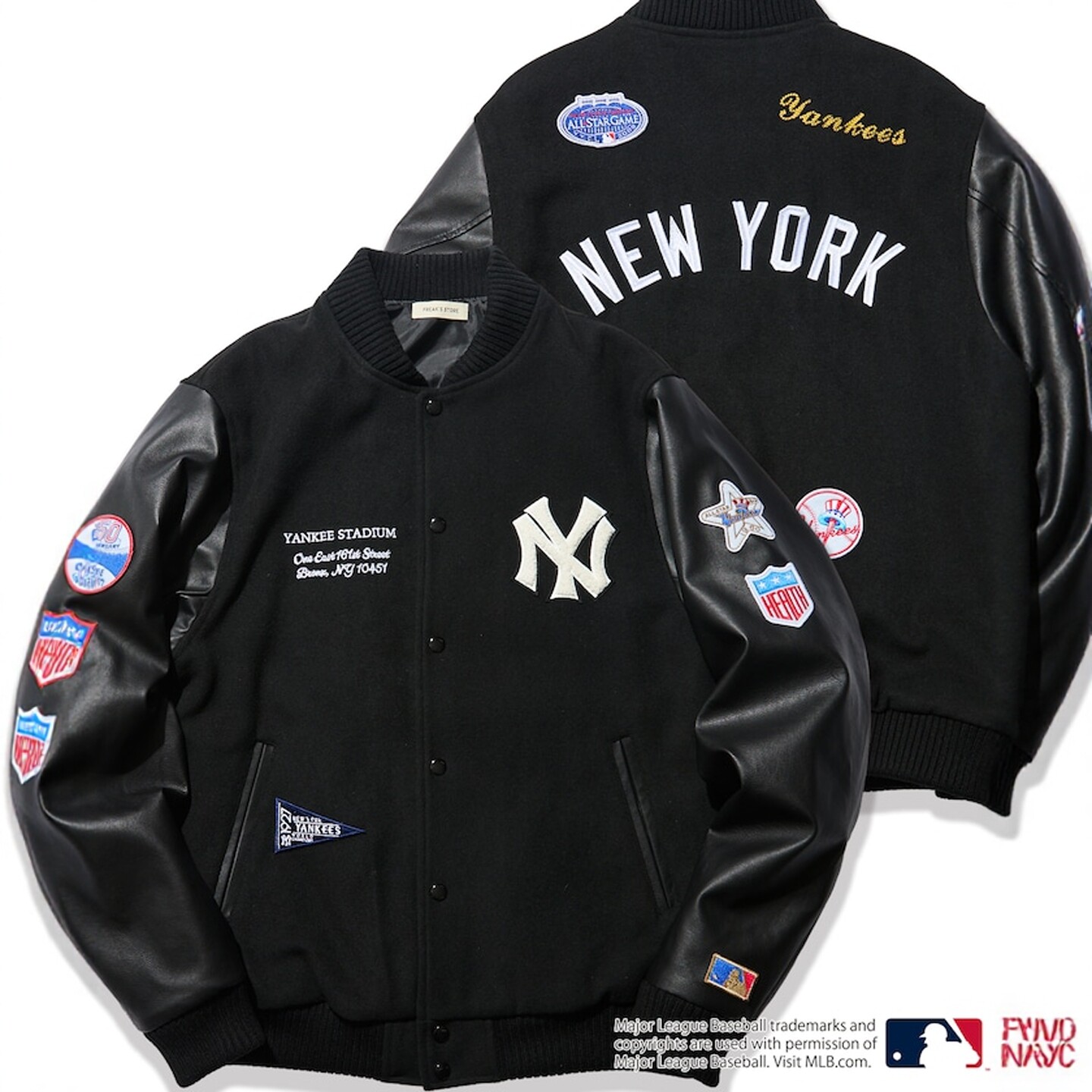 【5折】FREAK'S STORE x MLB 羊毛混纺刺绣皮袖棒球服夹克 0742
