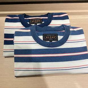 5折 男款 BEAMS 靛蓝做旧条纹口袋T恤 0087 PLUS