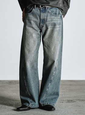 东京胖黄瓜日本代购 WYM LIDNM 复古水洗弧形牛仔裤 WYpt1240