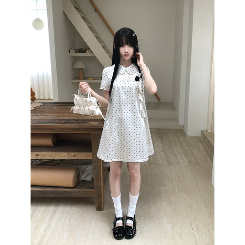 啦啦酱 可可淡奶油 复古波点娃娃领裙立体玫瑰宽松A字少女连衣裙