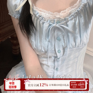 啦啦酱 千岛森会 原创设计古着doll感奈奈风一字肩上衣半裙套装女