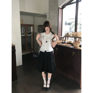 啦啦酱 月之礼 日系蕾丝边抽褶衬衫上衣女甜妹风黑色半身裙套装女