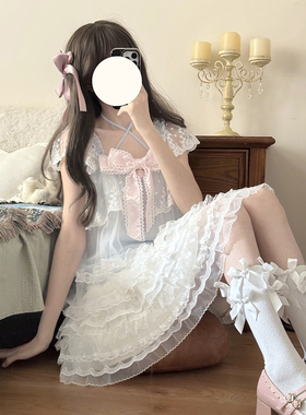 啦啦酱 霜糖童话 baby蓝色蕾丝花边挂脖吊带甜美少女感蝴蝶结上衣