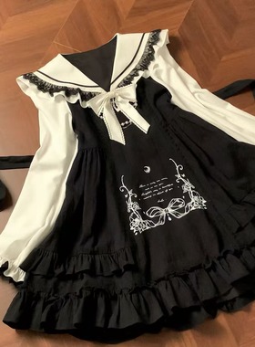 啦啦酱 月下情书 黑白色系古早doll感蝴蝶结长袖连衣裙修身娃娃裙