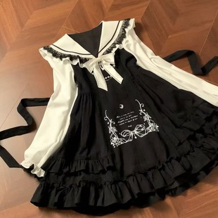 连衣裙修身 黑白色系古早doll感蝴蝶结长袖 娃娃裙 月下情书 啦啦酱