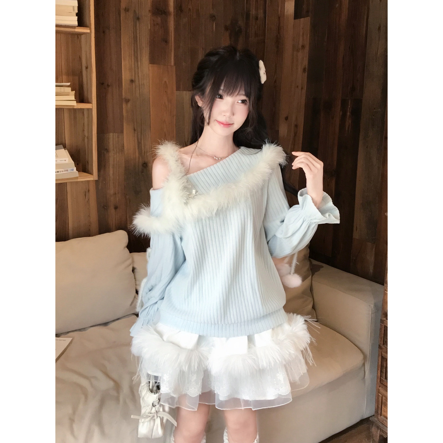 啦啦酱 雪愿 原创甜美慵懒秋冬宽松露肩针织上衣仿兔毛半裙套装