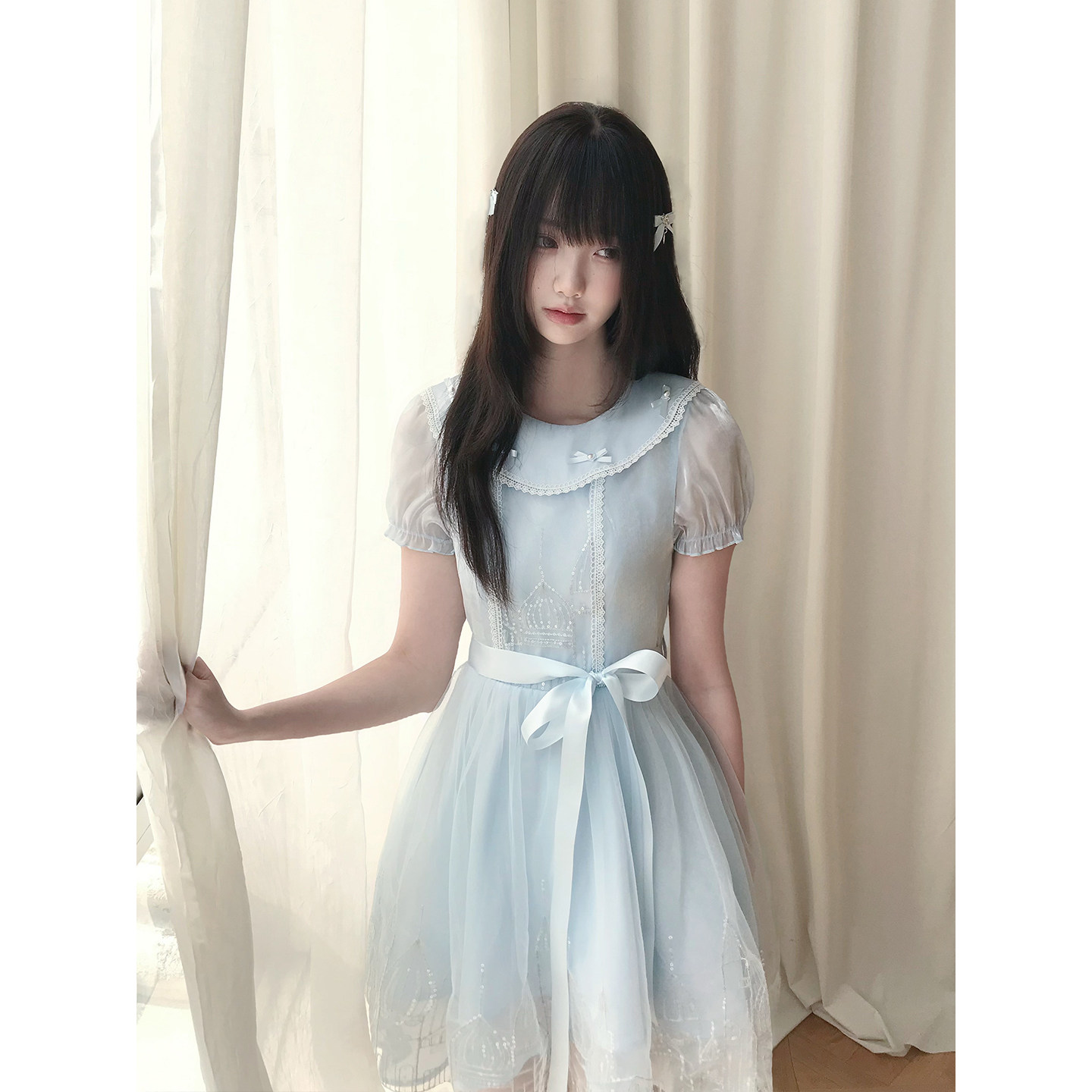 啦啦酱 琉璃城堡 甜美娃娃领公主裙夏季蓝色收腰蕾丝花边连衣裙女