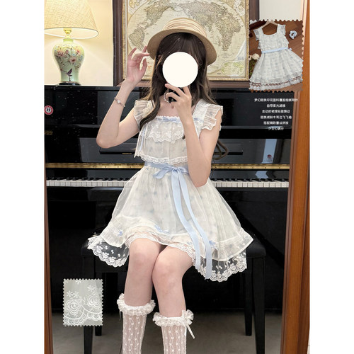 啦啦酱 云茉蓝 油画感朦胧碎花蕾丝飞袖连衣裙手作蝴蝶结收腰短裙