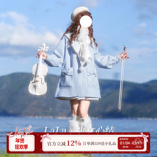 啦啦酱 少女心结 原创设计蓝色灯笼袖秋冬保暖单排扣宽松毛呢大衣