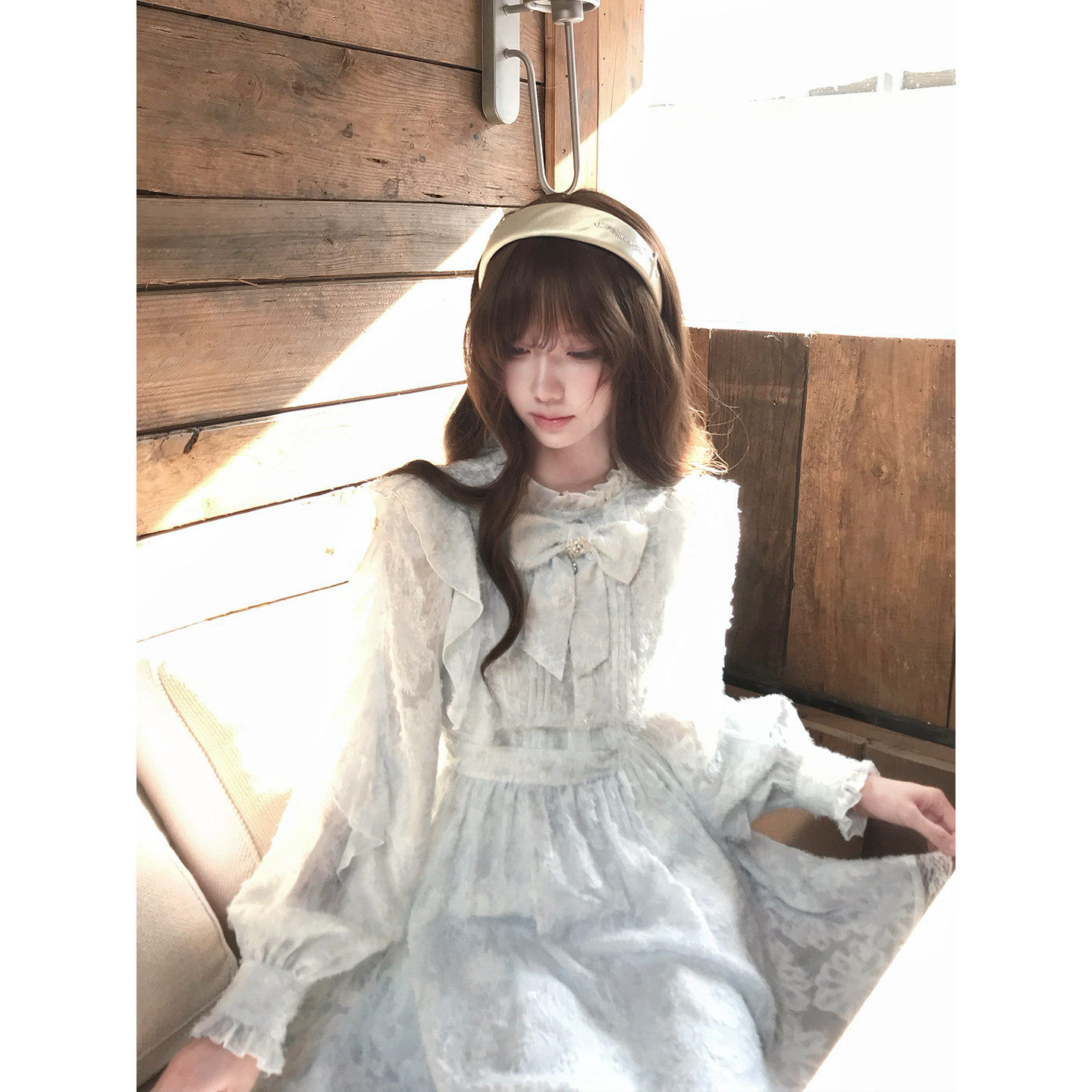 啦啦酱 雾蓝花屿 清楚系蓝色定制剪花面料连衣裙温柔少女公主裙秋