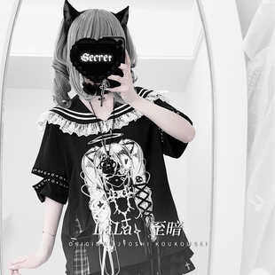 原创设计亚文化印花海军领绑带上衣少女甜酷穿搭套装 啦啦酱 至暗