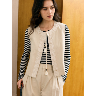 HeyDress民族风马甲女春季 上衣 宽松叠穿背心马夹拼接蕾丝抽绳短款