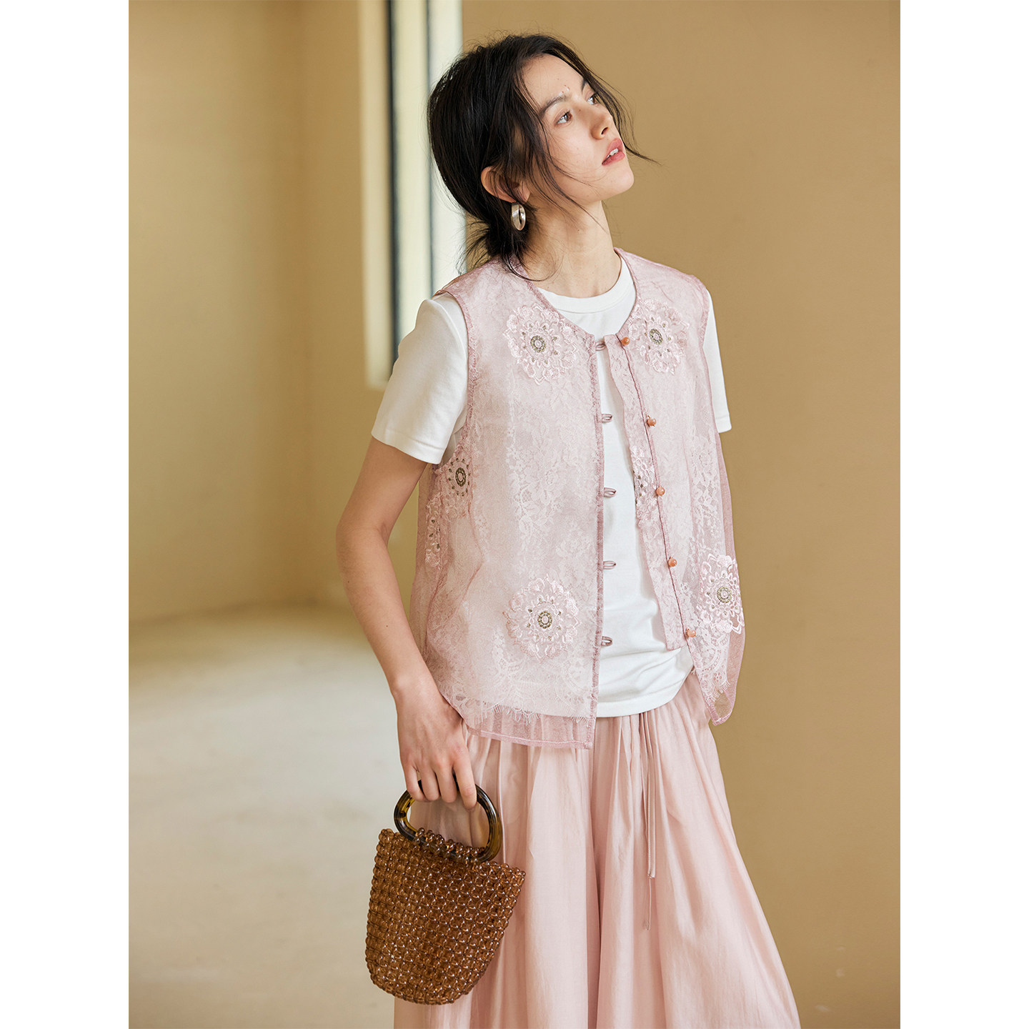 HeyDress国风粉色马甲背心女春夏重工刺绣轻透蕾丝无袖坎肩上衣