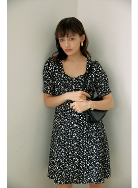 HeyDress法式碎花裙连衣裙女夏季复古方领收腰印花短裙子