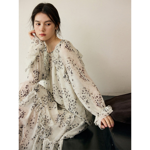 飘逸A字半身裙套装 V领小衫 女春夏法式 HeyDress复古豹纹印花衬衫