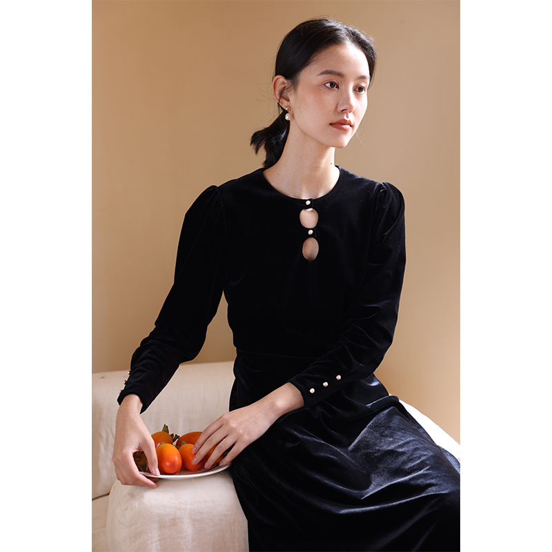 HeyDress法式镂空丝绒连衣裙