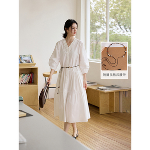 HeyDress法式V领衬衫连衣裙女春季拼接蕾丝收腰显瘦气质长款裙子