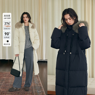 HeyDress黑色长款 90白鸭绒狐狸毛领收腰加厚保暖外套 羽绒服女冬季
