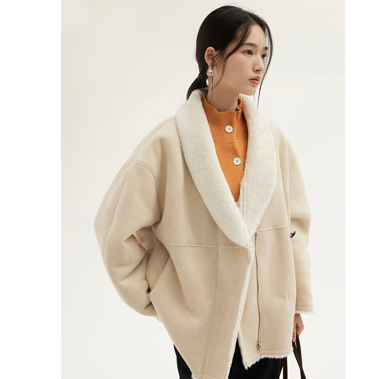 HeyDress翻领皮毛一体外套女冬季法式宽松加厚仿羊羔毛皮草上衣