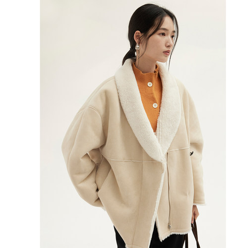 HeyDress翻领皮毛一体外套女冬季法式宽松加厚仿羊羔毛皮草上衣